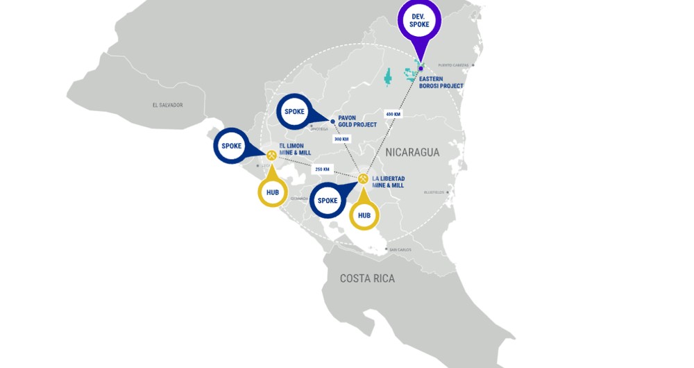 Mapa de los Distritos Mineros desarrollados por Calibre en Nicaragua. Imagen / Sitio web Caliber Mining